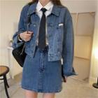 Denim Jacket / Mini A-line Skirt / Long-sleeve Shirt / Tie / Set