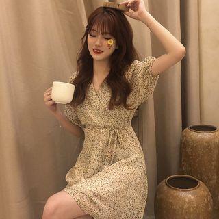 Short-sleeve Floral Mini A-line Dress Cream Yellow - One Size