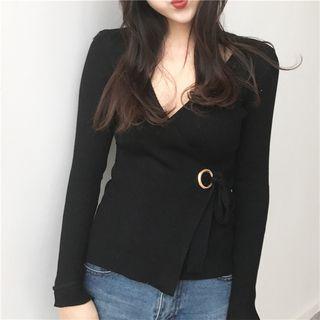 Plain Wrap Front Long Sleeve Knit Top