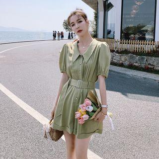 Puff-sleeve Collared Romper