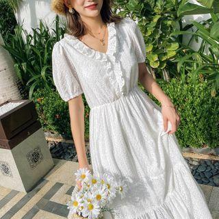 Short-sleeve Eyelet Lace Frill Trim Midi A-line Dress