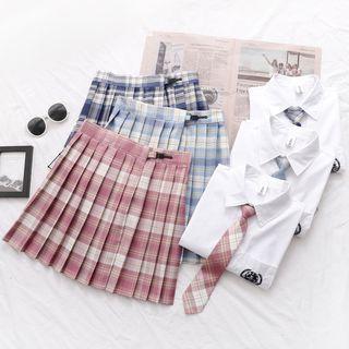 Set: Short-sleeve Shirt + Neck Tie + Plaid Pleated A-line Skirt