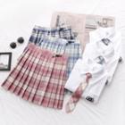 Set: Short-sleeve Shirt + Neck Tie + Plaid Pleated A-line Skirt