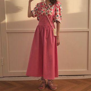 Elbow-sleeve Floral Print Shirt / Midi A-line Jumper Dress