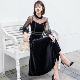 Lantern-sleeve Midi A-line Velvet Dress