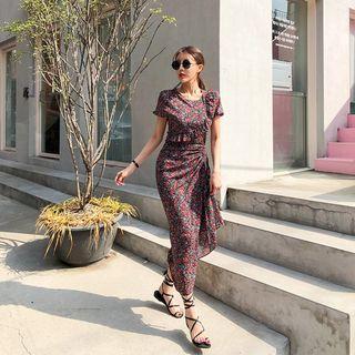 Drawcord-side Frilled Chiffon Maxi Dress
