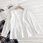 Plain Square-neck Lace-trim Long-sleeve Blouse White - One Size