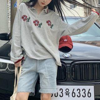 Floral Print Oversized Polo Sweatshirt Gray - One Size