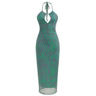Halter-neck Patterned Midi Sheath Dress