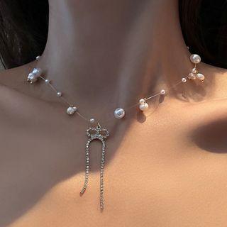 Faux Pearl Rhinestone Bow Pendant Necklace 1 Pc - Silver - One Size