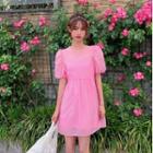 Puff-sleeve Plain Dress Pink - One Size