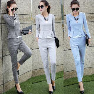 Set: Long-sleeve Peplum Blouse + Dress Pants
