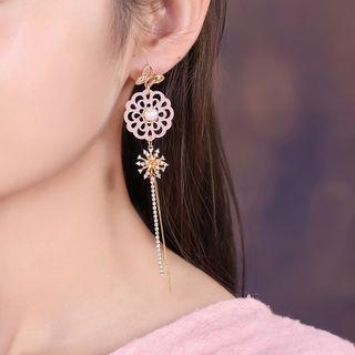 Retro Flower Faux Pearl Rhinestone Fringed Earring 1 Pair - Pink & Gold - One Size