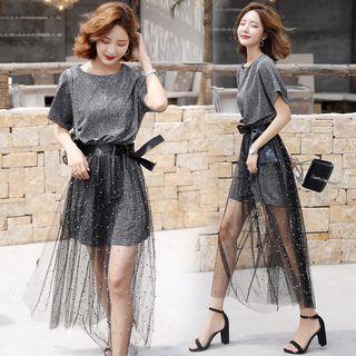 Set: Crew-neck Short-sleeve T-shirt Dress + Mesh Midi Skirt