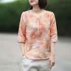 Short-sleeve Leaf Print Top As Shown In Figure - One Size