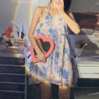 Spaghetti Strap Tie-dye Mini A-line Dress Pink & Blue & White - One Size