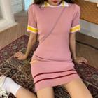 Short-sleeve Collared Knit Dress Pink - One Size