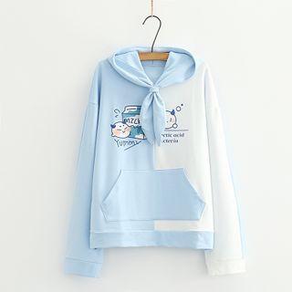 Tie-neck Cartoon Print Two-tone Hoodie