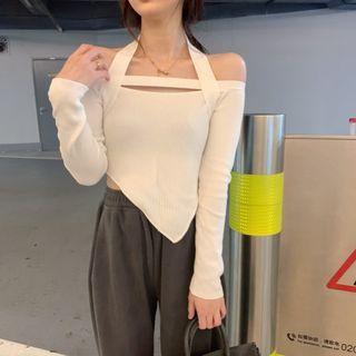 Long-sleeve Cold-shoulder Asymmetrical Knit Top
