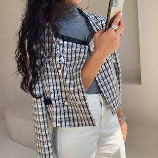 Pleather-trim Faux-pearl Tweed Jacket