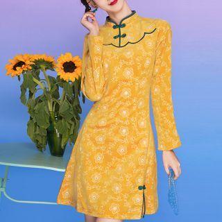 Long-sleeve Floral Print Mini A-line Qipao Dress