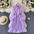 Long-sleeve Lace Trim Tie-neck Midi A-line Dress