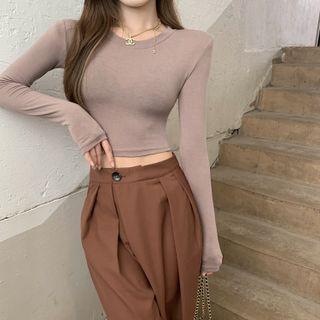 Long Sleeve Round-neck Plain Crop Top
