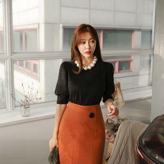 Crewneck Puff-sleeve Fluffy Top