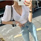 Puff-sleeve V-neck Crop Top White - One Size