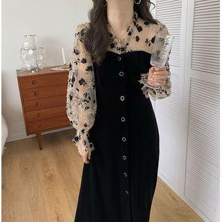 Mock Two Piece Floral Bell-sleeve Velvet Dress Black - One Size