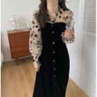 Mock Two Piece Floral Bell-sleeve Velvet Dress Black - One Size