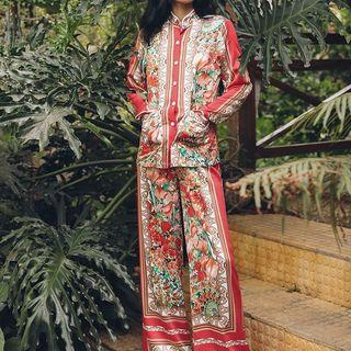 Set: Pattern Printed Long-sleeve Button Top + Printed Wide-leg Pants