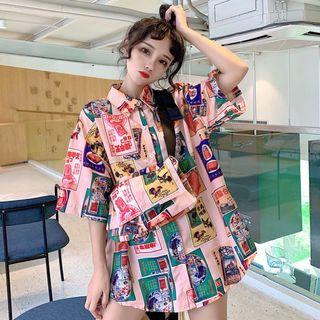 Set: Elbow-sleeve Printed Shirt + Crossbody Bag