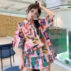Set: Elbow-sleeve Printed Shirt + Crossbody Bag