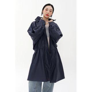 Hooded Faux-leather Zip-up Coat Navy Blue - One Size