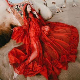 Set: Bell-sleeve Maxi Chiffon Dress + Spaghetti Strap Dress