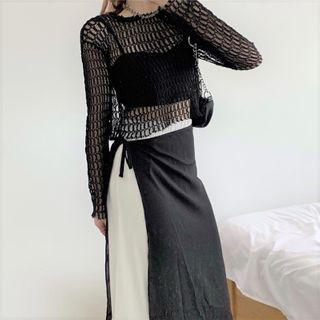 Long-sleeve Perforated Knit Top / Paneled Midi A-line Skirt