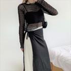Long-sleeve Perforated Knit Top / Paneled Midi A-line Skirt