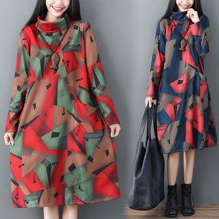 Mock Neck Midi Printed Pullover Dress