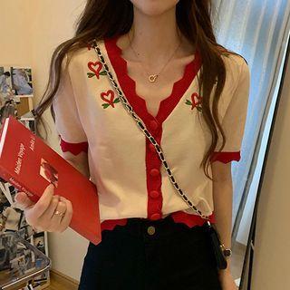 Heart Embroidered Short-sleeve Cardigan