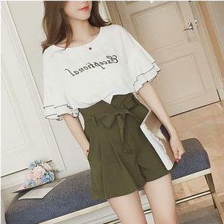 Set: Letter Embroidered Elbow-sleeve T-shirt + High-waist Wide-leg Shorts