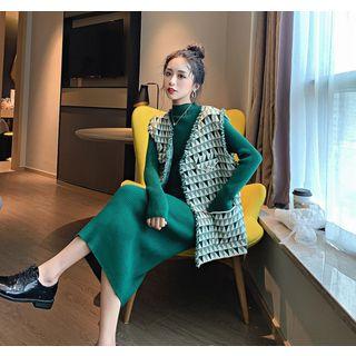 Set: Long-sleeve Midi Sheath Dress + Plaid Vest