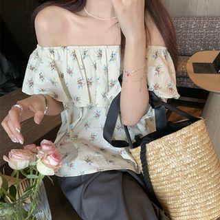 Off-shoulder Floral Print Ruffle Trim Top Almond - One Size