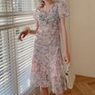 Floral Puff-sleeve Twist Midi A-line Dress
