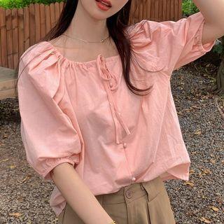 Puff-sleeve Ruffled Drawstring Blouse Pink - One Size