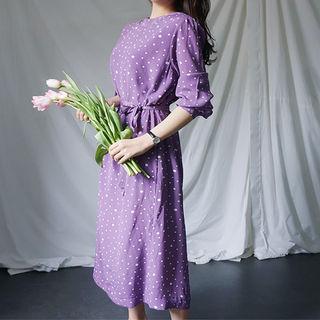 Long-sleeve Dotted Midi Dress With Sash