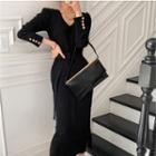 Long-sleeve Sashed Slit Knit Midi Sheath Dress