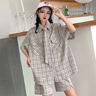 Elbow-sleeve Plaid Shirt / Shorts