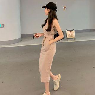 Set Of 2: : Strapless Plain Top / Drawstring Waist Midi Skirt Set - One Size
