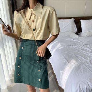 Color Button Short-sleeve Shirt / High-waist Skirt